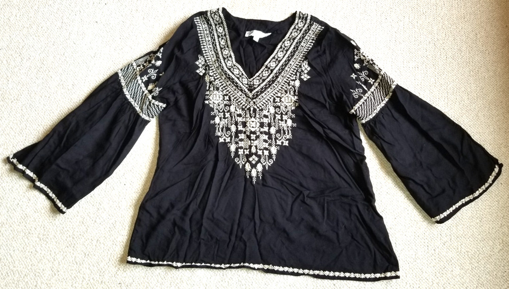 Womens Top-CHELSEA & THEODORA-black beige embroidery flared slv Boho Festival-M